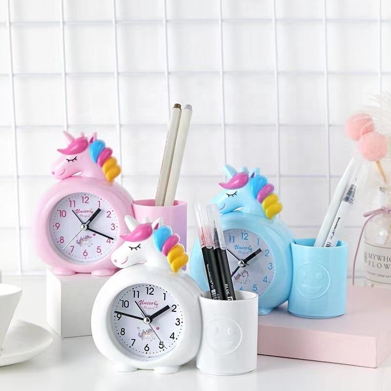 3inch unicorn alarm clock broom desk clock cute cartoon Pink Blue White Silent Sweep