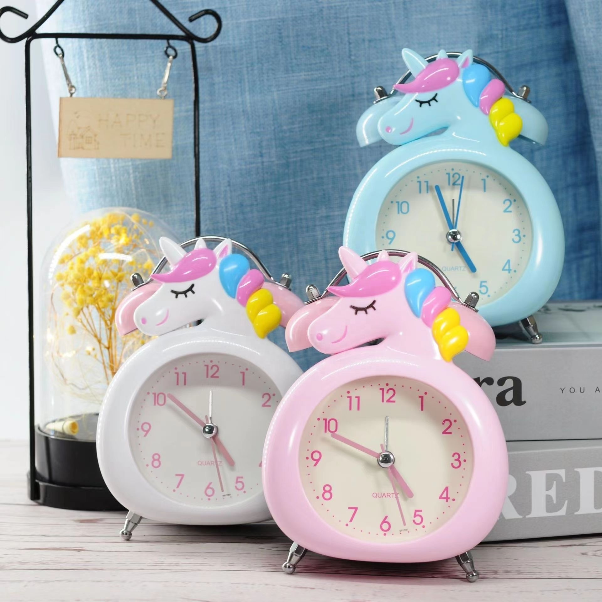 3inch unicorn alarm clock broom desk clock cute cartoon Pink Blue White Silent Sweep