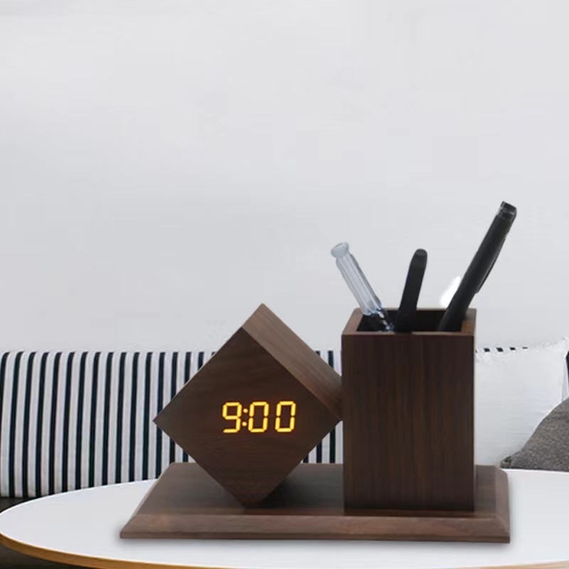 New gift creative pen holder wooden voice-activated LED digital children's desktopm clock desk clock table clock