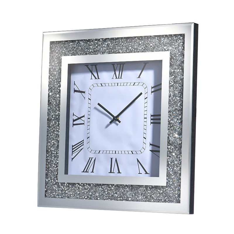 New Crush Diamond Mirrored Square Decorative Mirror Wall Clock for Home Decoration Crystal Sparkle Twinkle Bling Wall Decor