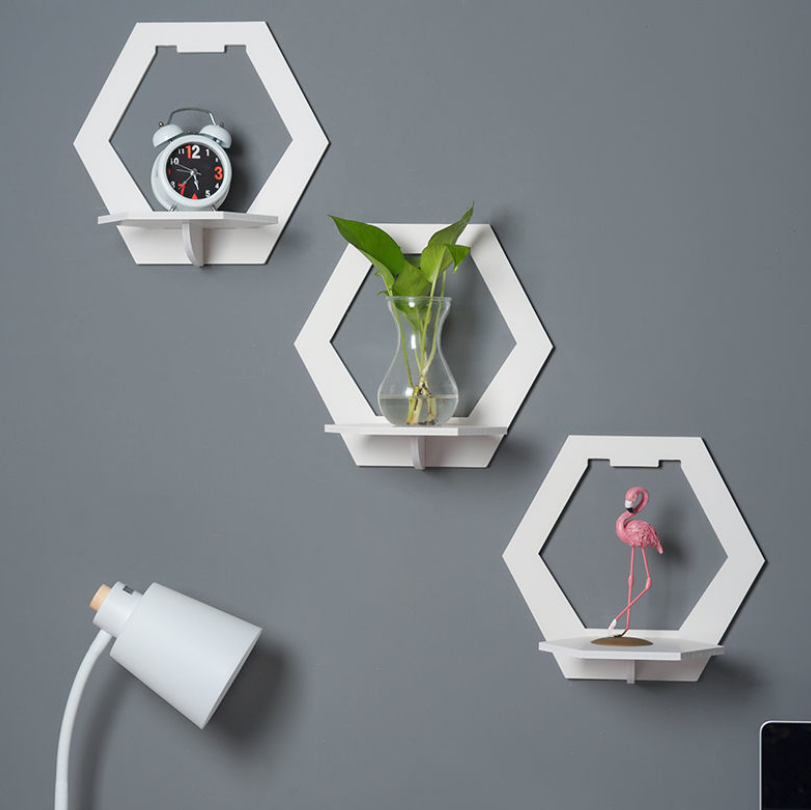 Wall Mounted Hexagon TV Background Hanger Home Decorative Storage Rack Shelf Bedroom Bedside Flower Pot Stand Art Panel Display