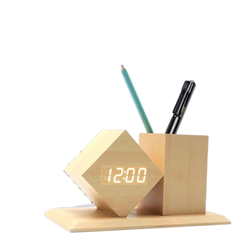 New gift creative pen holder wooden voice-activated LED digital children's desktopm clock desk clock table clock