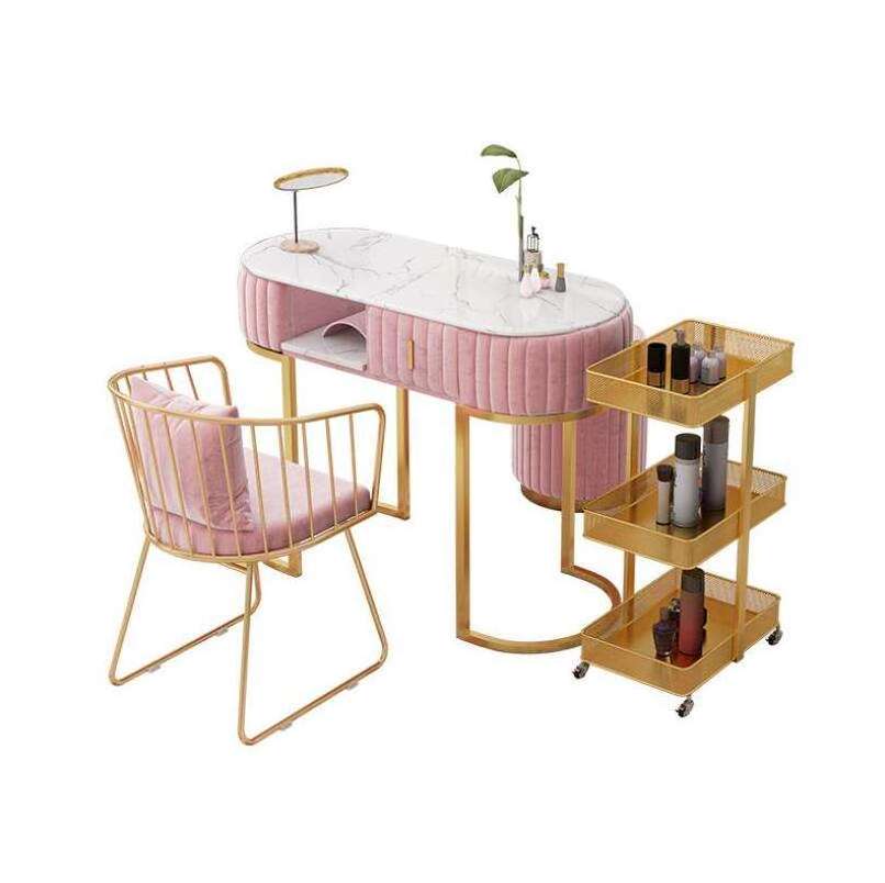 Fashional Nail Salon Manicure Table Nail Table And Chair With Gold Frame Customize Nai (nail Table + Chair + Round Stool)