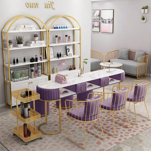 Fashional Nail Salon Manicure Table Nail Table And Chair With Gold Frame Customize Nai (nail Table + Chair + Round Stool)