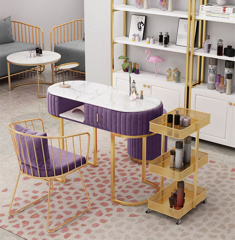 Fashional Nail Salon Manicure Table Nail Table And Chair With Gold Frame Customize Nai (nail Table + Chair + Round Stool)