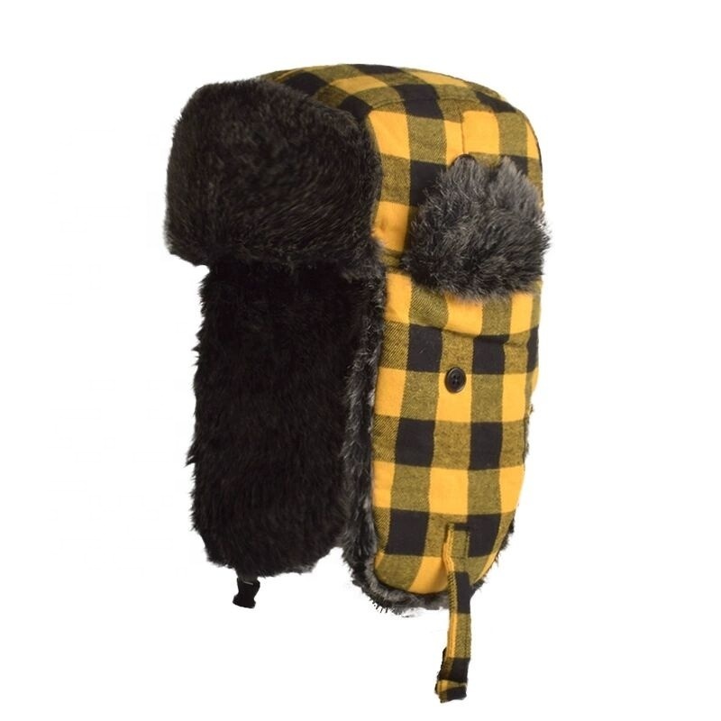 Classic Plaid Aviator Fur Trapper Hat Ushanka Eskimo Russian Bomber Hat with Ear Flaps for Women Men