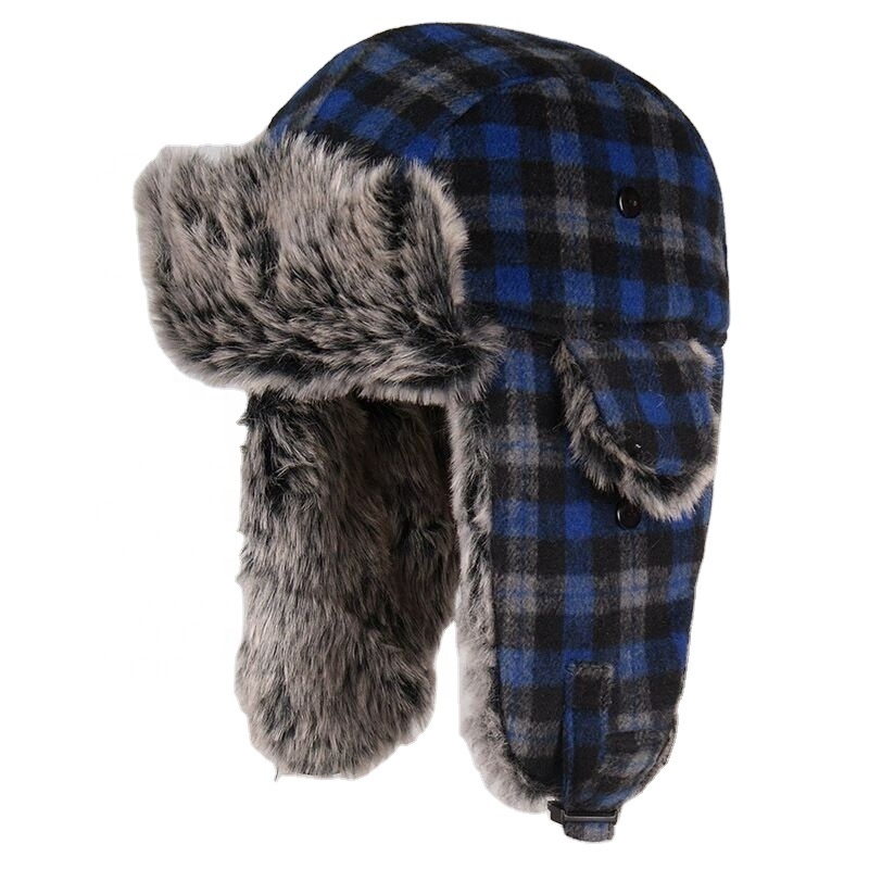 Classic Plaid Aviator Fur Trapper Hat Ushanka Eskimo Russian Bomber Hat with Ear Flaps for Women Men