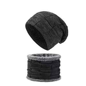 Mens Winter Beanie Hats Scarf Set Warm Knit Skull Cap Neck Warmer with Thick Fleece Lined Hat & Scarf for Women