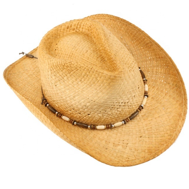 Wholesale Eco-Friendly Unisex Raffia Straw Shapeable Wire Brim Wooden Beads Western Cowboy Hat