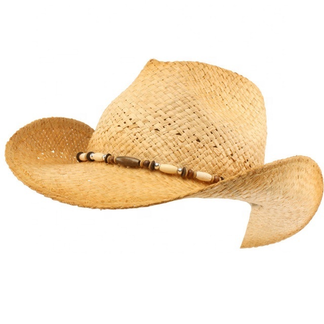 Wholesale Eco-Friendly Unisex Raffia Straw Shapeable Wire Brim Wooden Beads Western Cowboy Hat