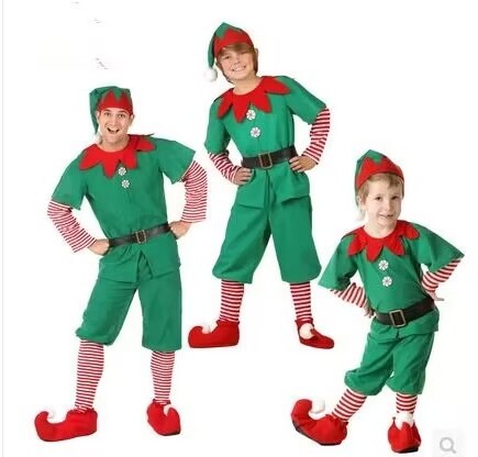 Online Sales Unisex Christmas Festive Green Elf Adult Child Costume MOQ 10sets