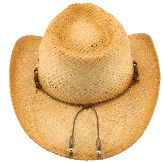 Wholesale Eco-Friendly Unisex Raffia Straw Shapeable Wire Brim Wooden Beads Western Cowboy Hat