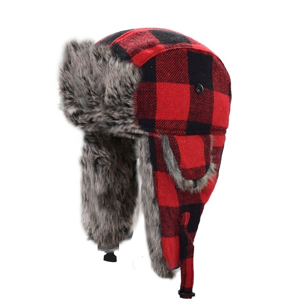 Classic Plaid Aviator Fur Trapper Hat Ushanka Eskimo Russian Bomber Hat with Ear Flaps for Women Men