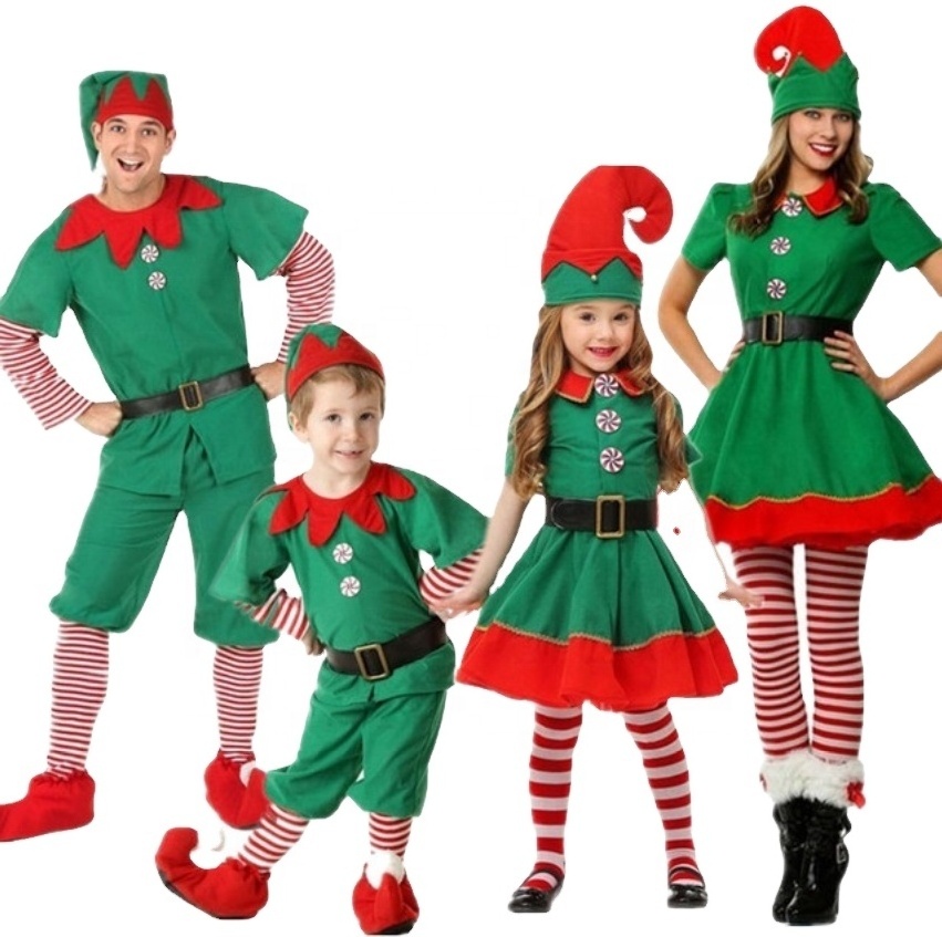 Online Sales Unisex Christmas Festive Green Elf Adult Child Costume MOQ 10sets