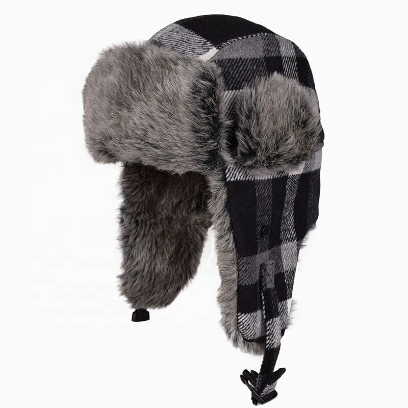 Classic Plaid Aviator Fur Trapper Hat Ushanka Eskimo Russian Bomber Hat with Ear Flaps for Women Men