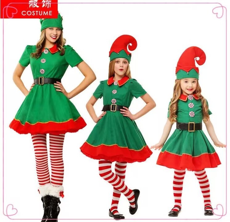 Online Sales Unisex Christmas Festive Green Elf Adult Child Costume MOQ 10sets