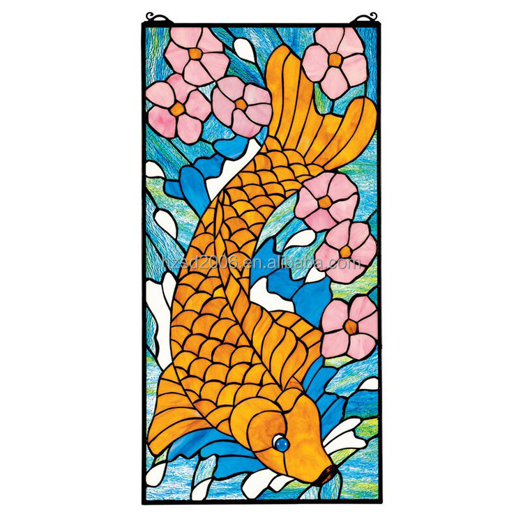 Customized European Style Fish Design Tiffany Style Handcraft Art Stained Glass Window Panel With Chain