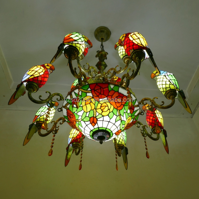 Pastoral Style  Multi-head  Parrots Design Tiffany Stained Decorative Art Glass  LED Chandelier Pendant Light