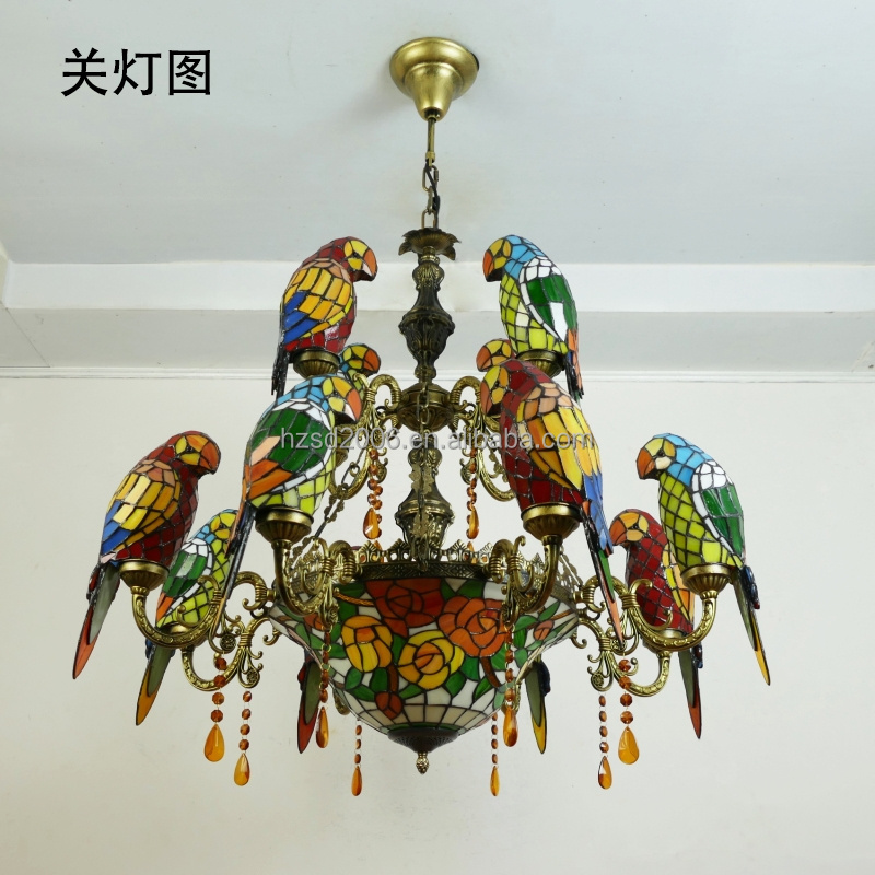 Pastoral Style  Multi-head  Parrots Design Tiffany Stained Decorative Art Glass  LED Chandelier Pendant Light