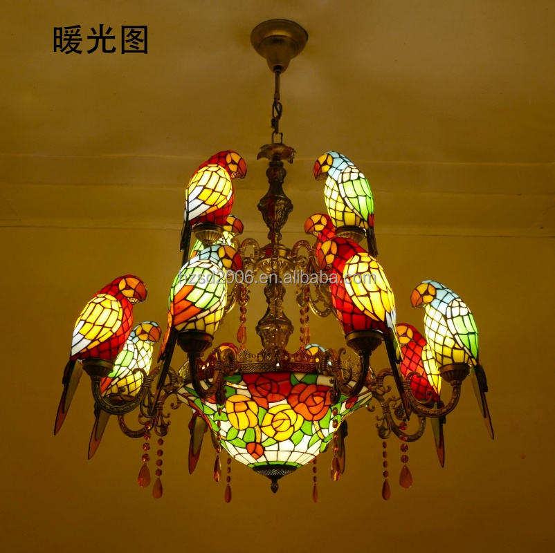 Pastoral Style  Multi-head  Parrots Design Tiffany Stained Decorative Art Glass  LED Chandelier Pendant Light