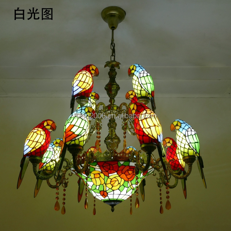 Pastoral Style  Multi-head  Parrots Design Tiffany Stained Decorative Art Glass  LED Chandelier Pendant Light