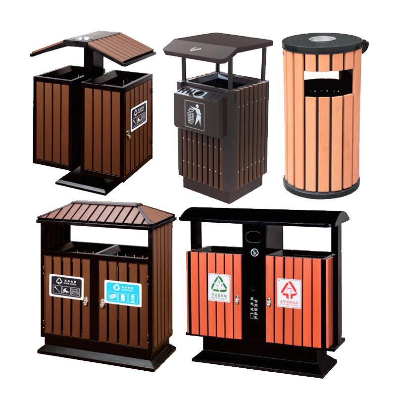 Recycle outdoor stainless steel wheeled garbage container foot pedal wood plastic metal dustbin lock tray waste bin trash can