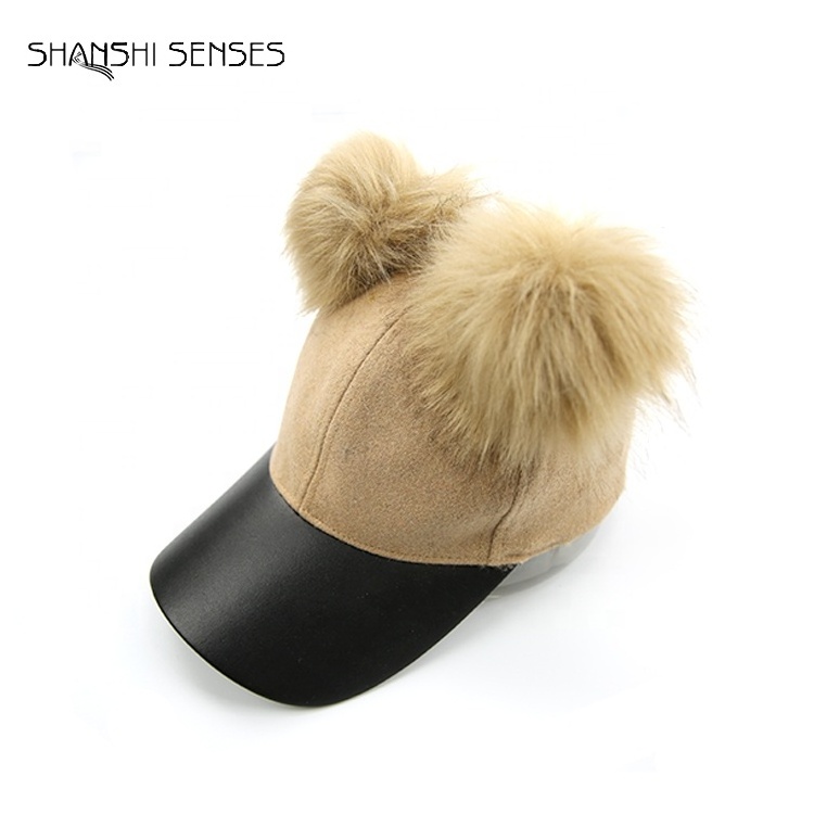 Ladies PU Leather Brim Faux Fur Wool Baseball Cap With Pom Pom