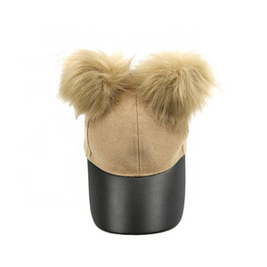 Ladies PU Leather Brim Faux Fur Wool Baseball Cap With Pom Pom