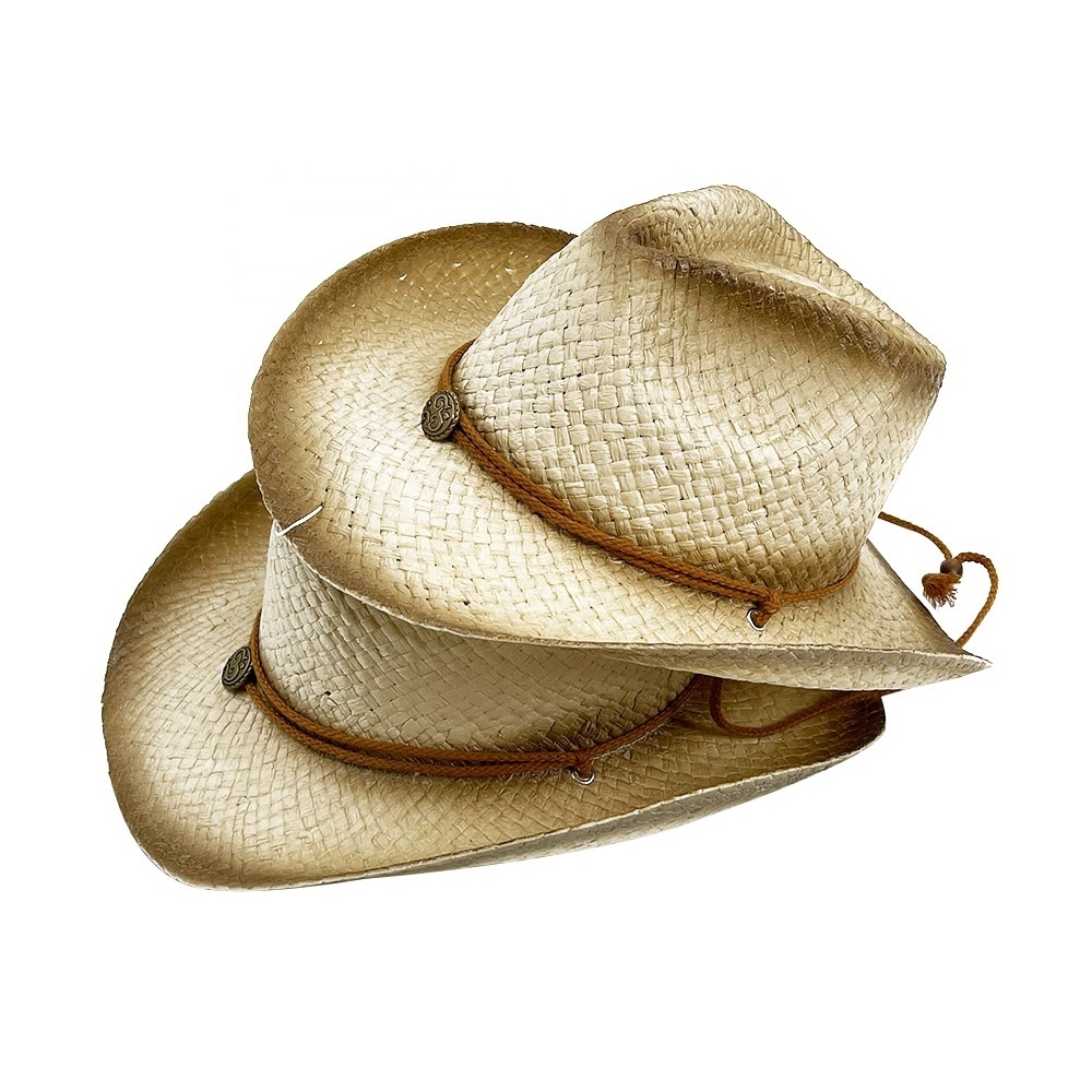 Classic Western Style Cowboy Straw Hat Summer Wide Brim 100% Paper Straw Beach Sun Hat