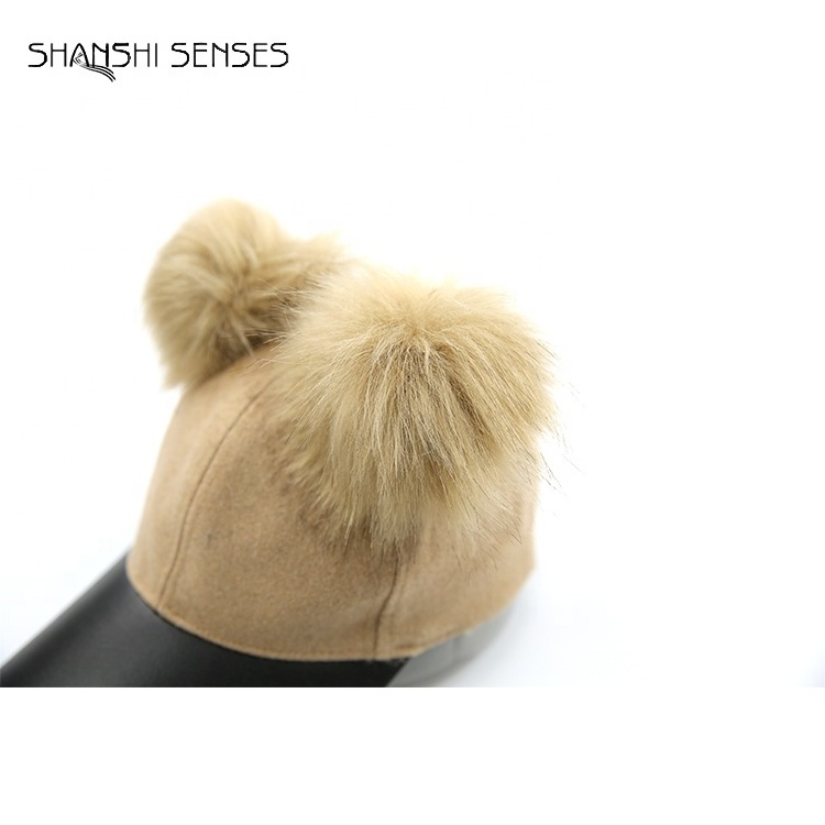 Ladies PU Leather Brim Faux Fur Wool Baseball Cap With Pom Pom