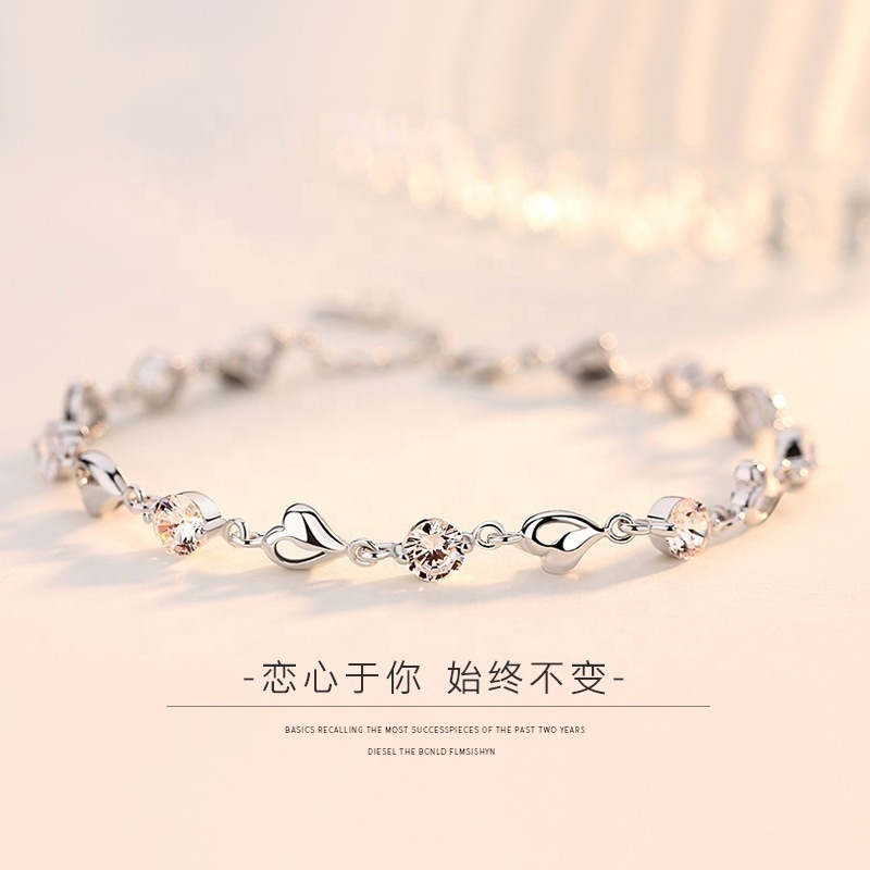 Sweet Blue Crystal Plated 925 Silver Bracelet Women's Heart Shaped Simple Heart to Heart Matching