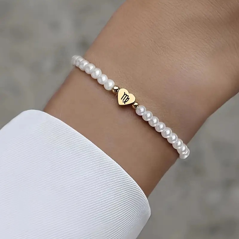 2024 New Fashion Pearl Zodiac Sign Beaded Bracelet Heart 18k Gold Peach Heart Stainless Steel Women's Bracelet