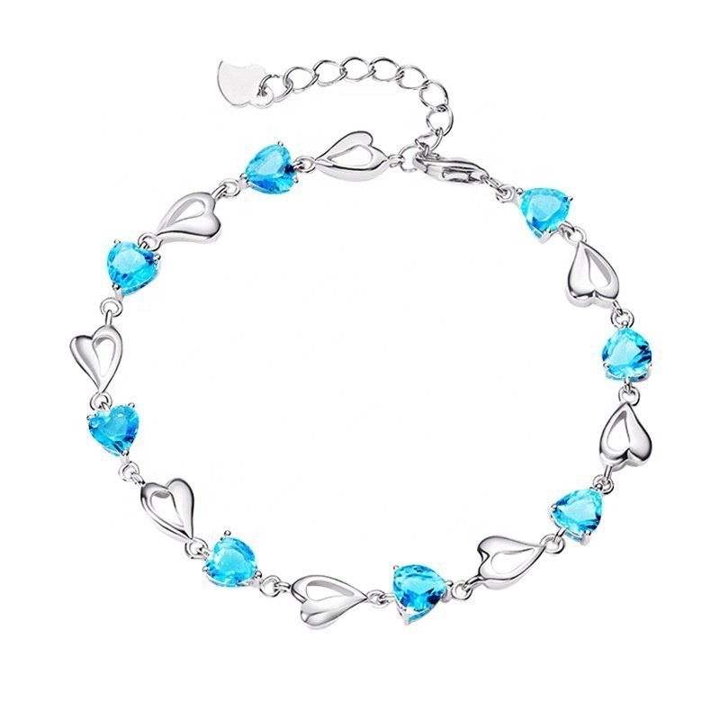 Sweet Blue Crystal Plated 925 Silver Bracelet Women's Heart Shaped Simple Heart to Heart Matching