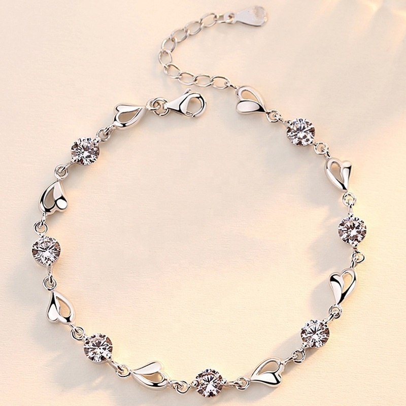 Sweet Blue Crystal Plated 925 Silver Bracelet Women's Heart Shaped Simple Heart to Heart Matching