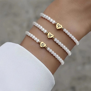 2024 New Fashion Pearl Zodiac Sign Beaded Bracelet Heart 18k Gold Peach Heart Stainless Steel Women's Bracelet