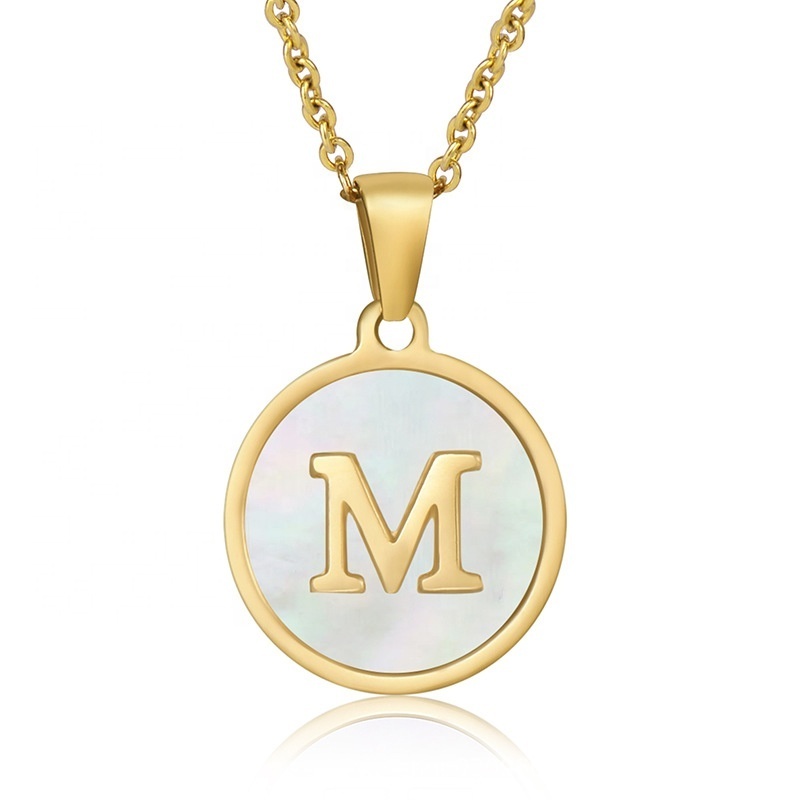 Stainless Steel Circular Shell Letter Necklace for Women 18K Gold Stainless Steel 26 English Letter Pendant