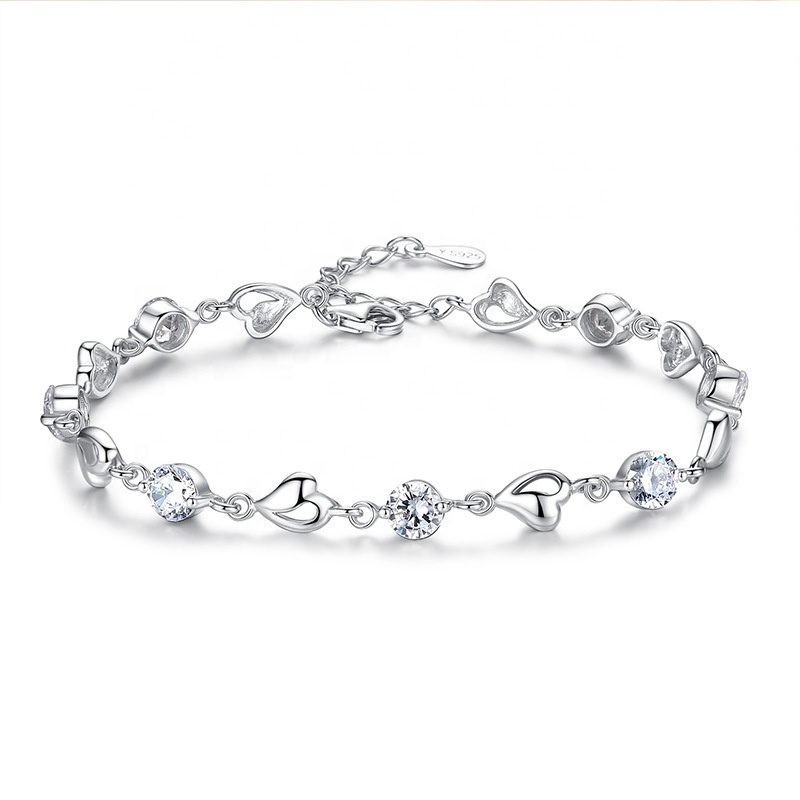 Sweet Blue Crystal Plated 925 Silver Bracelet Women's Heart Shaped Simple Heart to Heart Matching