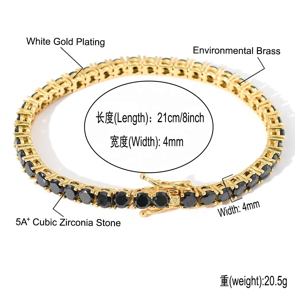 hip hop white moissanite custom lab grown black diamond gold plated crystal tennis chain friendship bracelet for girl and boy