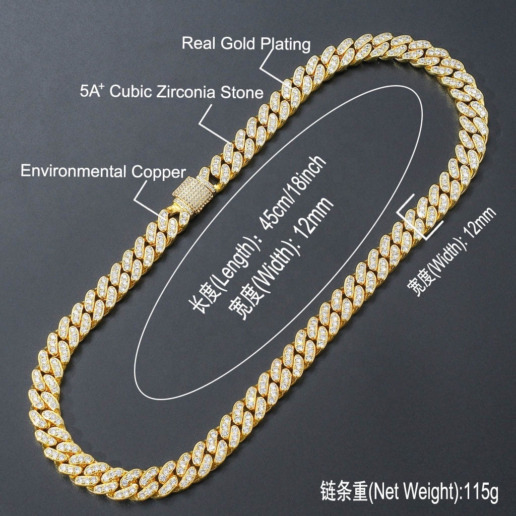 Fashion Fine Jewelry Hip Hop 18k Gold Plated Rose Gold Cz 12mm Miami Cuban link Chain Iced Out Chocker Necklace for Women