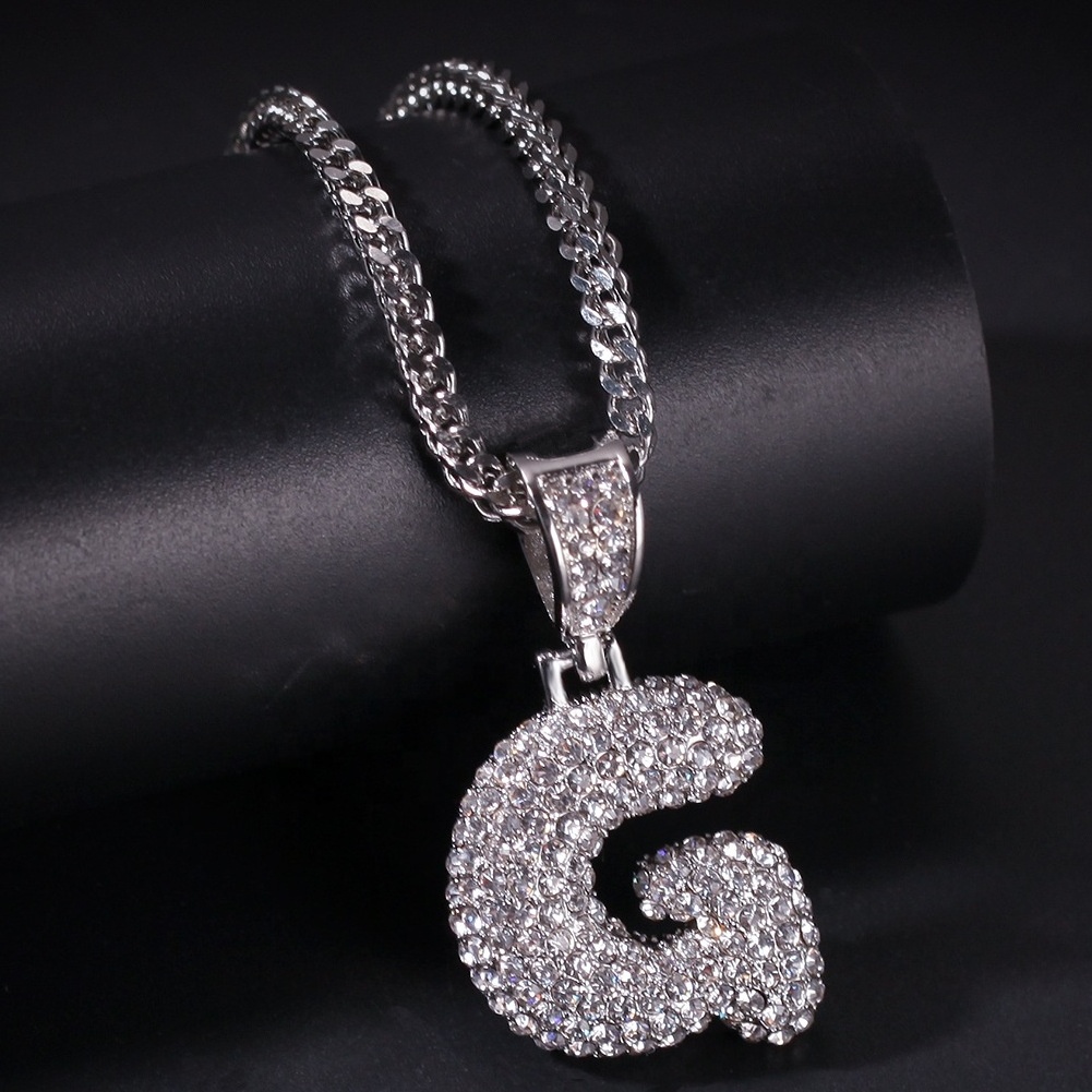 Hip Hop Stainless Steel Full Diamond 26 English Letter Vacuum Electroplated Color Preserving Bubble Letter Pendant Necklace men