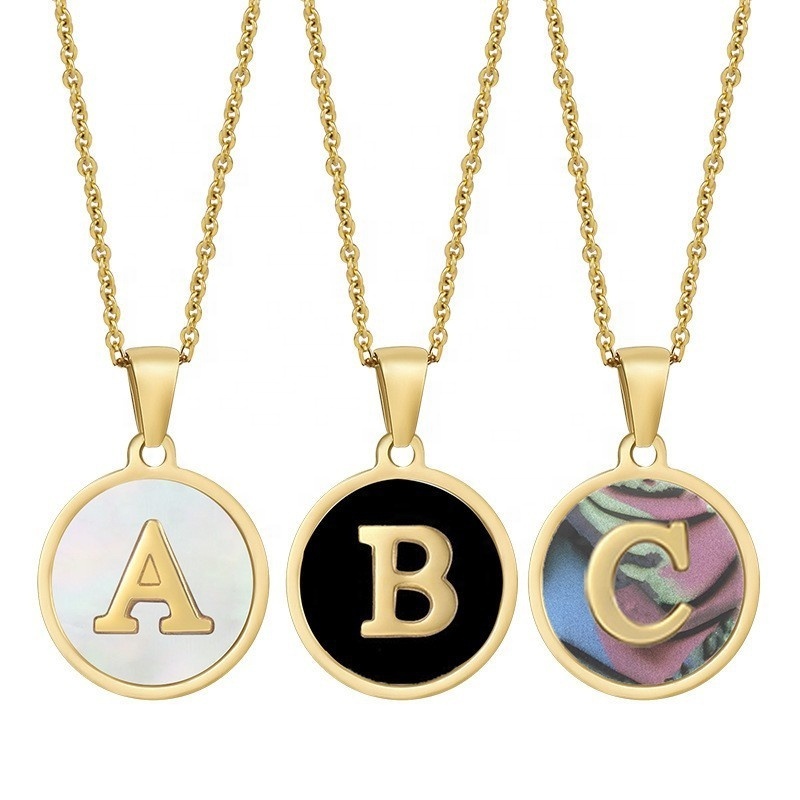 Stainless Steel Circular Shell Letter Necklace for Women 18K Gold Stainless Steel 26 English Letter Pendant