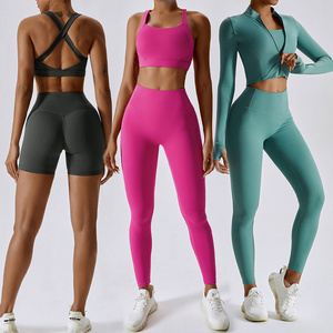 8047 Custom Fitness Yoga wear Wholesale Butt Lift Leggings Full Zip Jacket Gym ActiveWear 4 Pieces Workout Suit Set For women