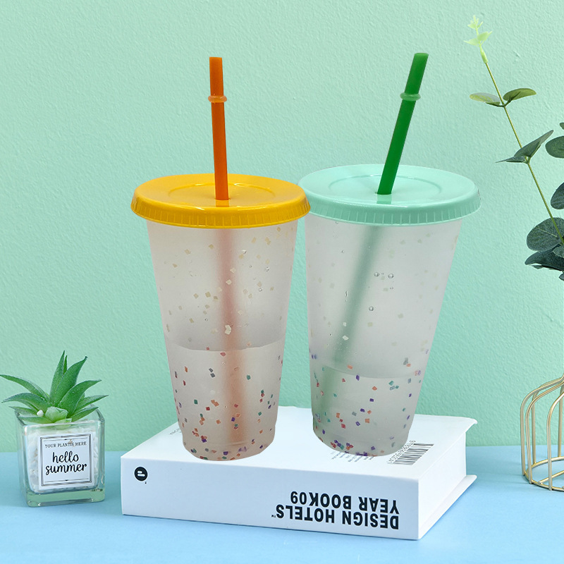 Colorful PP plastic color-changing cup rainbow cold water temperature-sensitive custom color changing plastic cup with lids