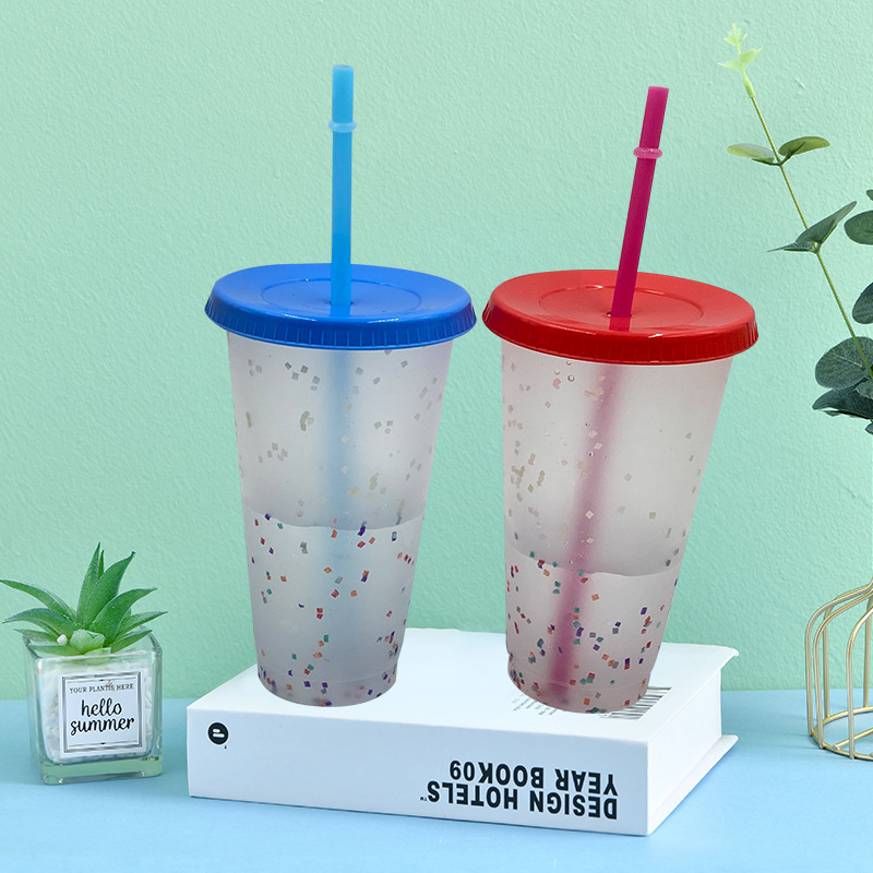 Colorful PP plastic color-changing cup rainbow cold water temperature-sensitive custom color changing plastic cup with lids