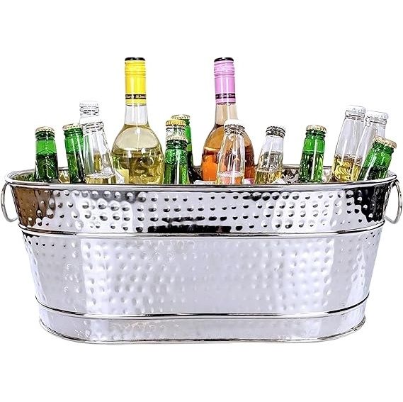 Stainless steel oval ice bucket and beverage cooler for parties hammered stainless steel ice bucket