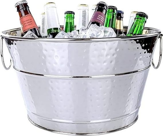 Stainless steel oval ice bucket and beverage cooler for parties hammered stainless steel ice bucket