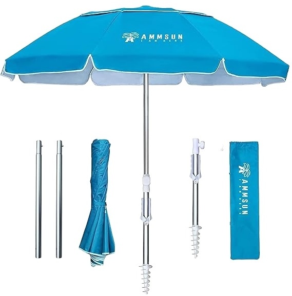 Portable Folded Travel Beach Umbrella with Sand Anchor Telescopic Tilt Air Vent UPF 50+ UV Protection for Suitcase Storage