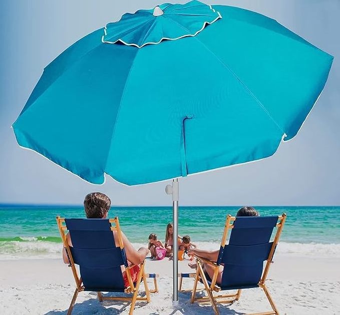 Portable Folded Travel Beach Umbrella with Sand Anchor Telescopic Tilt Air Vent UPF 50+ UV Protection for Suitcase Storage