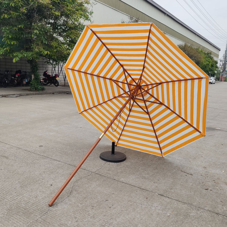 Yellow White Striped Wooden Beach Umbrellas Pull Ropes Solid Wood Poles Outdoor Center Pillar Factory Wholesale Garden Yards