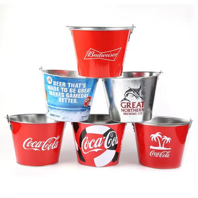 Wholesale Price 5L Round Galvanized Metal Tin Ice Bucket With Custom Logo For 6 Bottles Beer For Sales Promotion Items